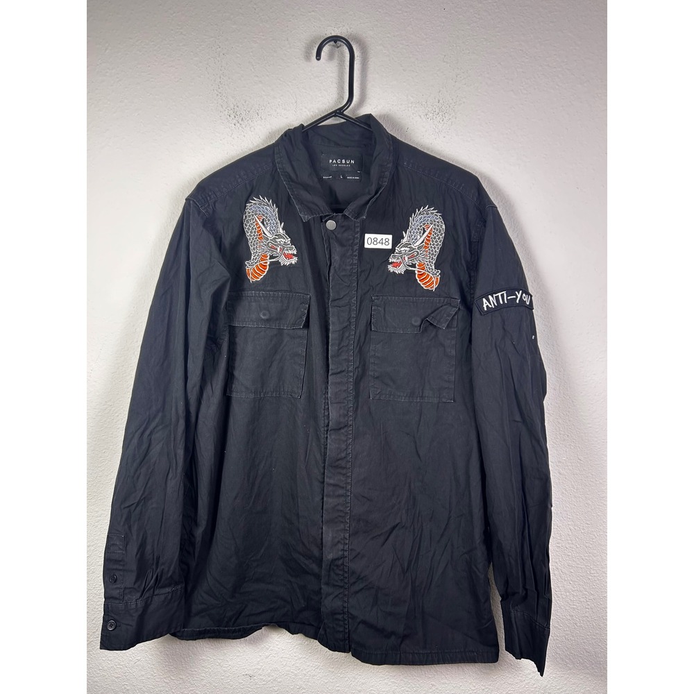 PacSun Mens Black Dragon Embroidered Boxy Fit Button Down Shirt Large Anti-You